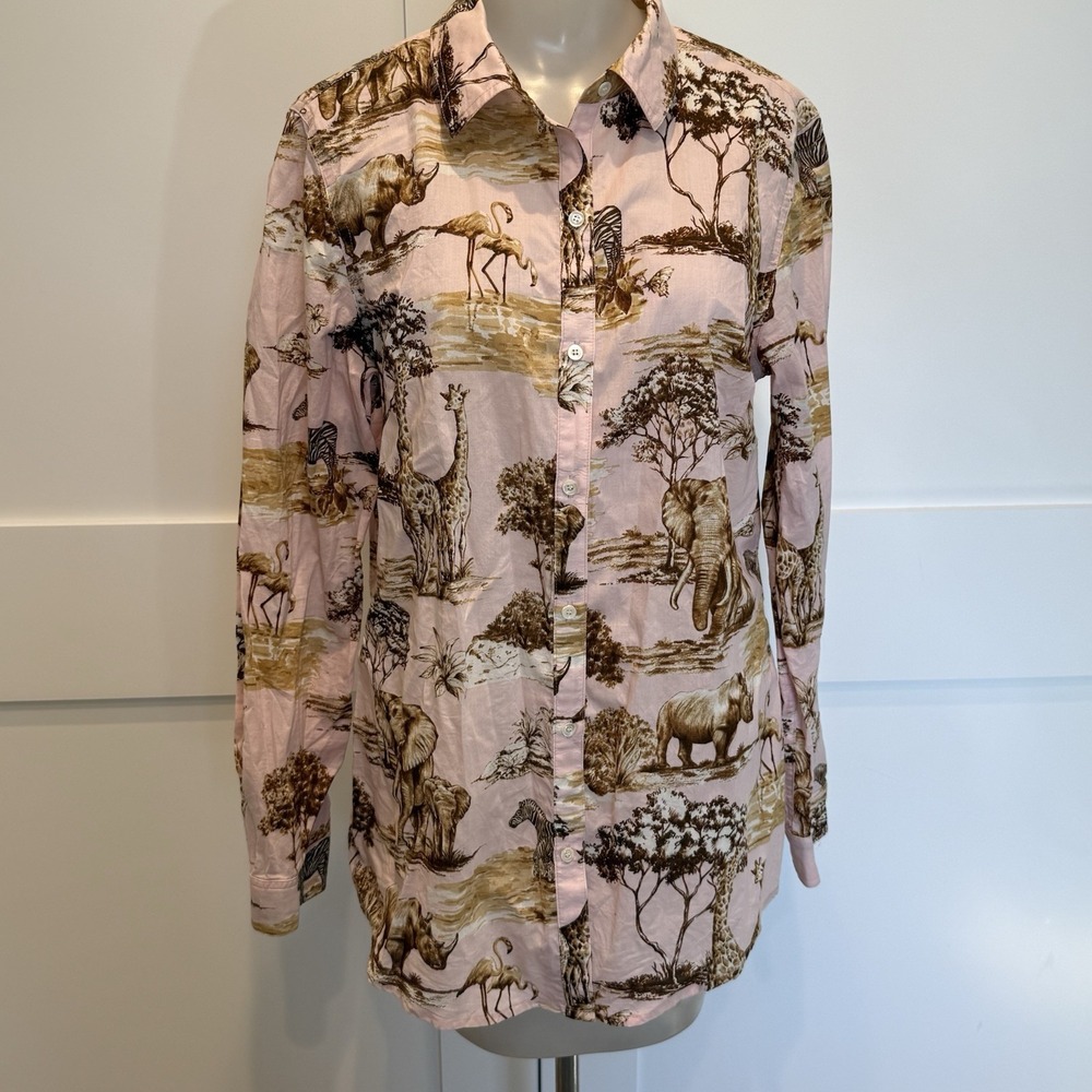 J. McLaughlin 100% Cotton Pink Button Up Animal Print Shirt MED Jungle Nature